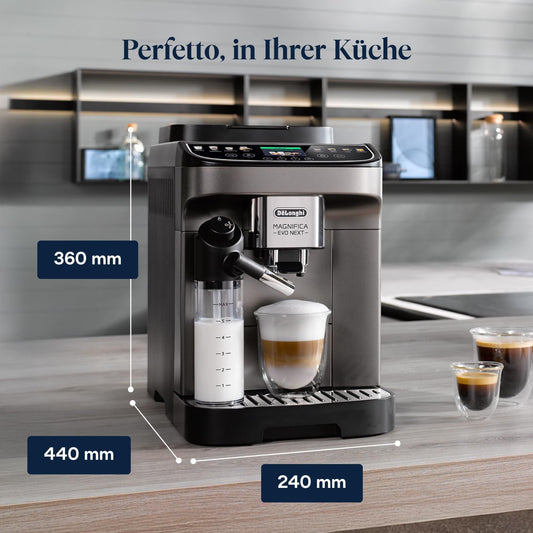 De’Longhi Magnifica Evo Next - Perfetto Kaffeevollautomat mit LatteCrema-Milchaufschäumer, 13 One-Touch-Getränke, Coffee- und Cappuccino Kaffeemaschine, farbiges Touch-Display, Titan (ECAM312.80.TB)