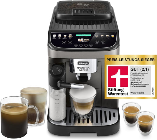 De’Longhi Magnifica Evo Next - Perfetto Kaffeevollautomat mit LatteCrema-Milchaufschäumer, 13 One-Touch-Getränke, Coffee- und Cappuccino Kaffeemaschine, farbiges Touch-Display, Titan (ECAM312.80.TB)