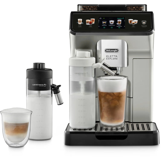 Eletta Explore Cold Brew ECAM450.65.S silber Kaffeevollautomat (OneTouch, Kegelmahlwerk, Silber, 3,5'' TFT-Farbdisplay, 300 g Bohnenbehälter, 1,8 l Wassertank, LatteCrema Milchsystem, WiFi, 19 Bar Pumpendruck)